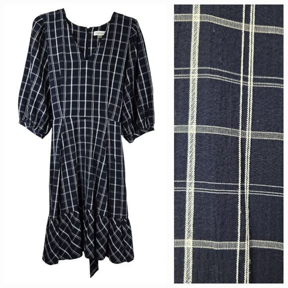 Calvin Klein Navy Belted Plaid Gauze Dress Balloon Puff Sleeves A-line CK Career - Picture 1 of 16